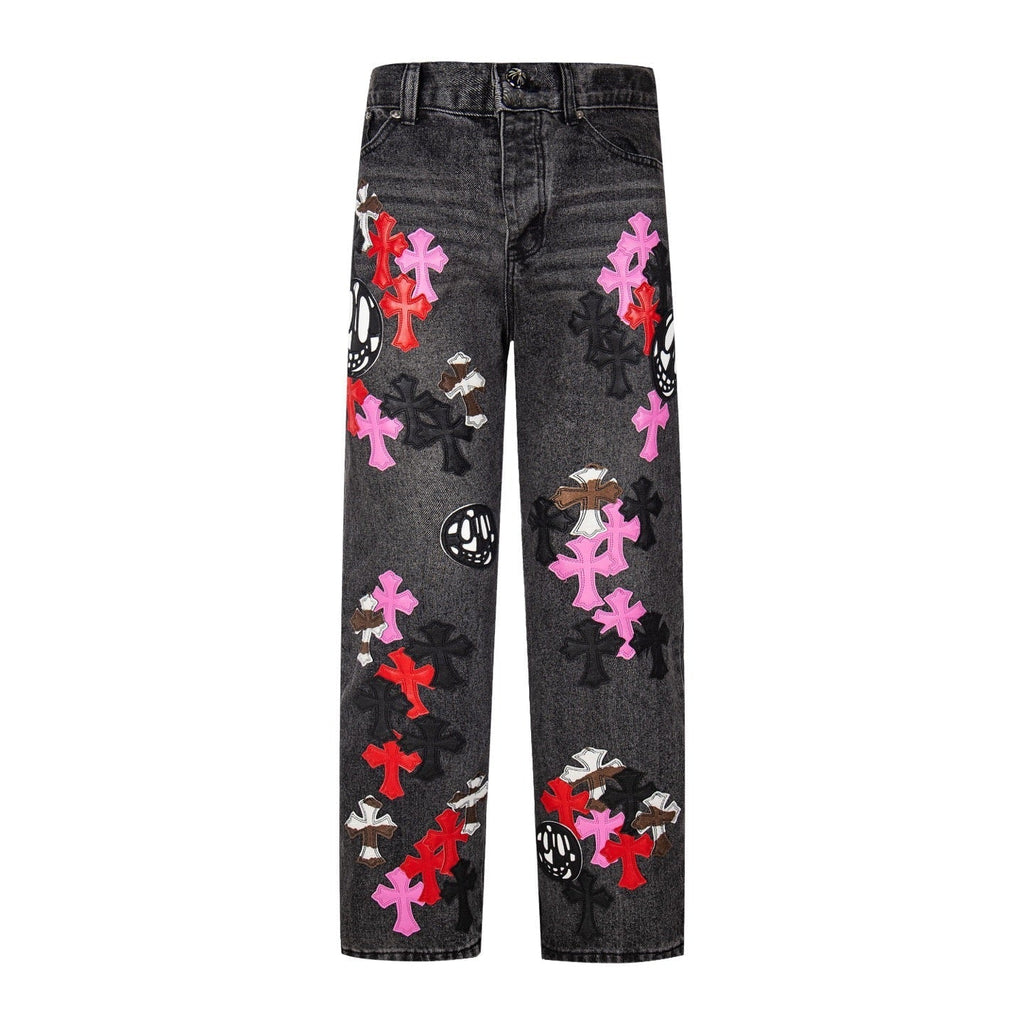 Chrome-Hearts Multi Cross Patch Denim Jeans - Grey Gothic Street Pants 1111