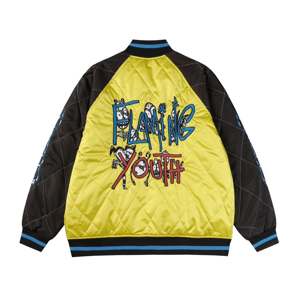 Chrome-Hearts Flaming Youth Bomber Jacket - Yellow Black Graphic Street Coat D10