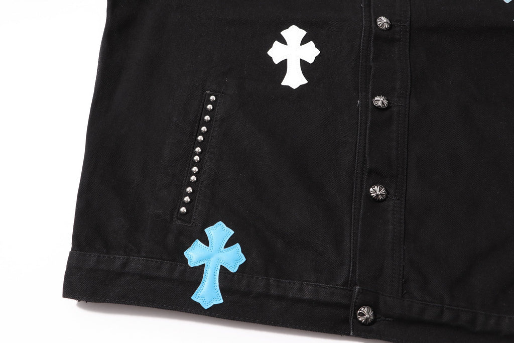 Chrome-Hearts Multi Cross Studded Denim Jacket - Black Gothic Streetwear Coat H49